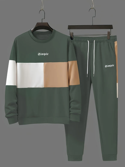 KZZ Men's Patchwork Letter Print Sweatshirt & Drawstring Waist Sweatpants Set