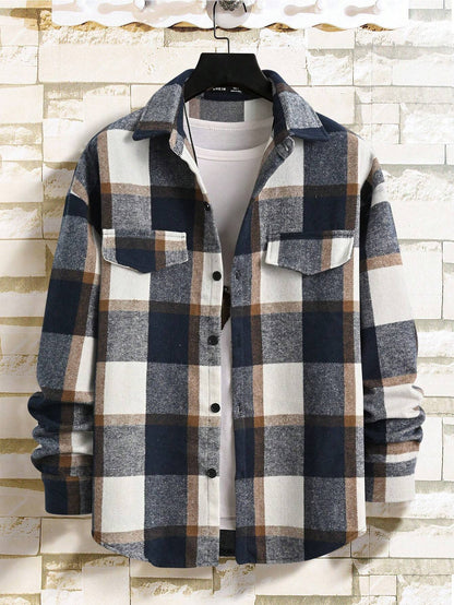 KZZ Men's Casual Loose-Fit Plaid Shirt,Vintage Style Long Sleeve Button Front Top