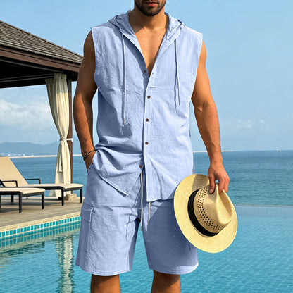 KZZ Loose-Fit, Breathable Linen Summer Set: Hooded Sleeveless Shirt & Cargo Shorts