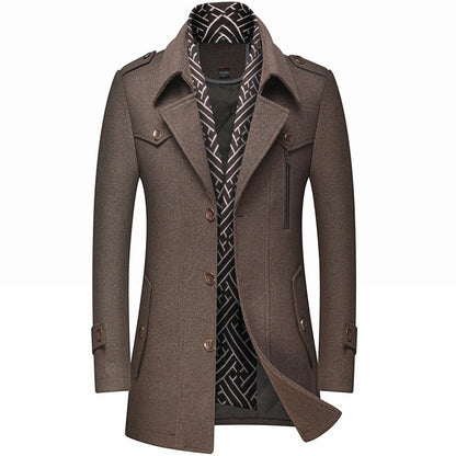 KZZ Men's Trench Coat with Detachable Soft Scarf Notched Collar Single Breasted Pea Coat Overcoat