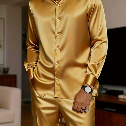 KZZ Men's Milk Silk Stand Collar Long Sleeve Button-Up Shirt Set