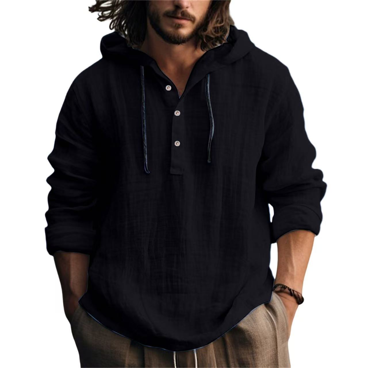 KZZ Men's Casual Long Sleeve Hooded Linen Shirt