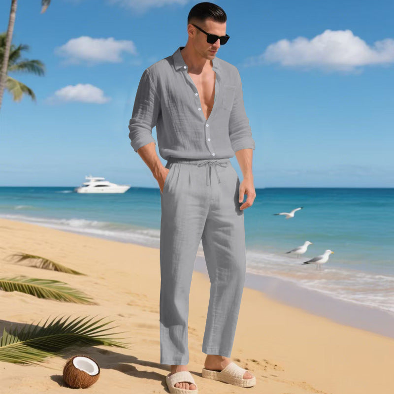 KZZ Men's Summer Linen Shirt & Pants Set