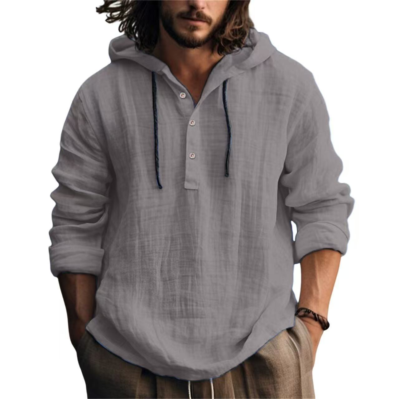 KZZ Men's Casual Long Sleeve Hooded Linen Shirt