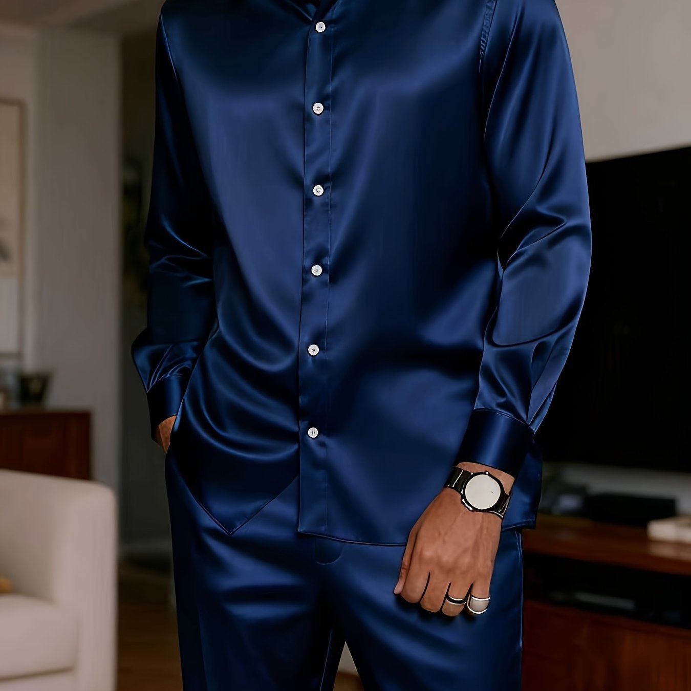 KZZ Men's Milk Silk Stand Collar Long Sleeve Button-Up Shirt Set