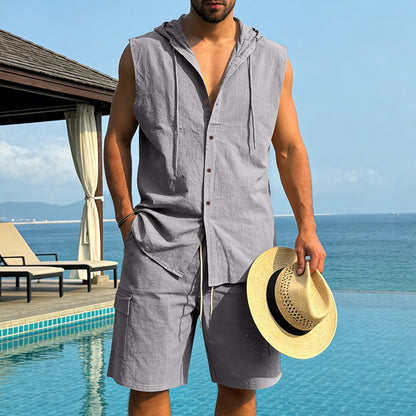 KZZ Loose-Fit, Breathable Linen Summer Set: Hooded Sleeveless Shirt & Cargo Shorts