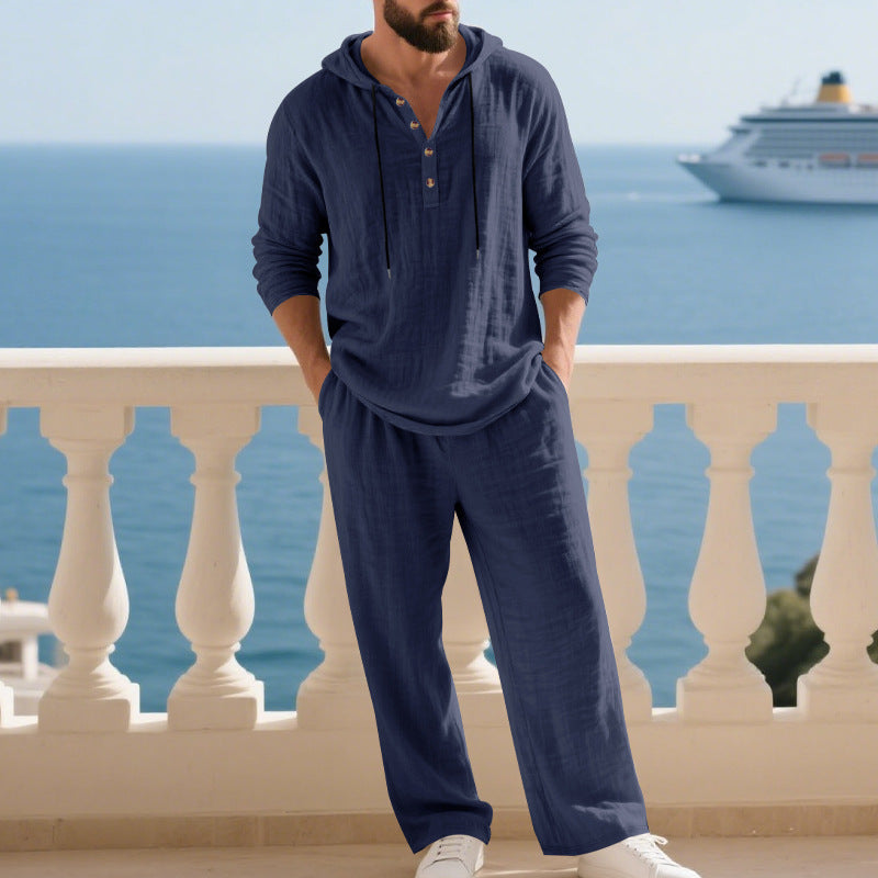 KZZ Men's Trendy Linen Hooded Two-Piece Set, Loose Fit Breathable Fabric, Hoodie & Wide-Leg Pants