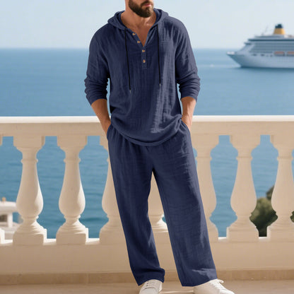 KZZ Men's Trendy Linen Hooded Two-Piece Set, Loose Fit Breathable Fabric, Hoodie & Wide-Leg Pants