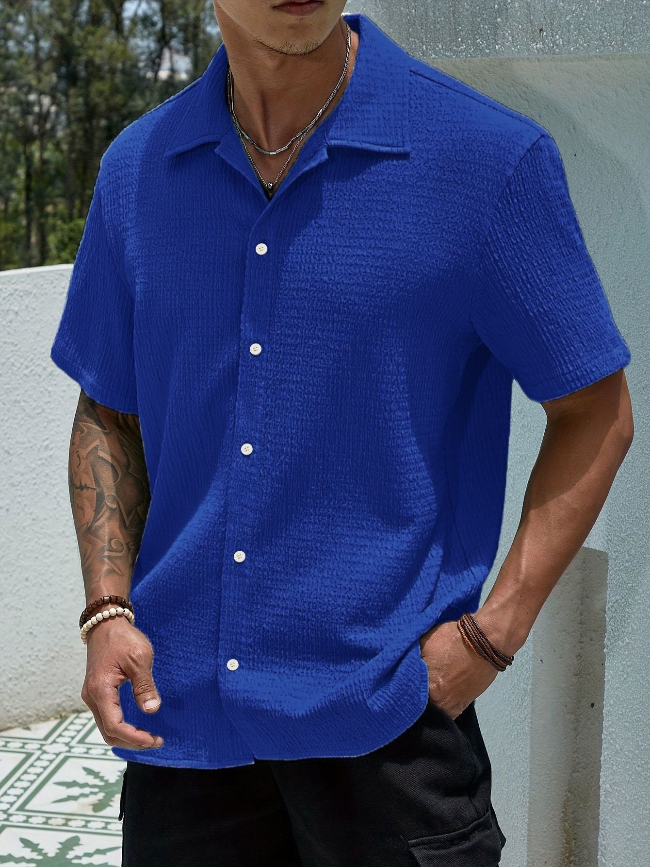 KZZ Men's Casual Button Down Textured Button Front Shirt