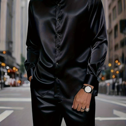 KZZ Men's Milk Silk Stand Collar Long Sleeve Button-Up Shirt Set
