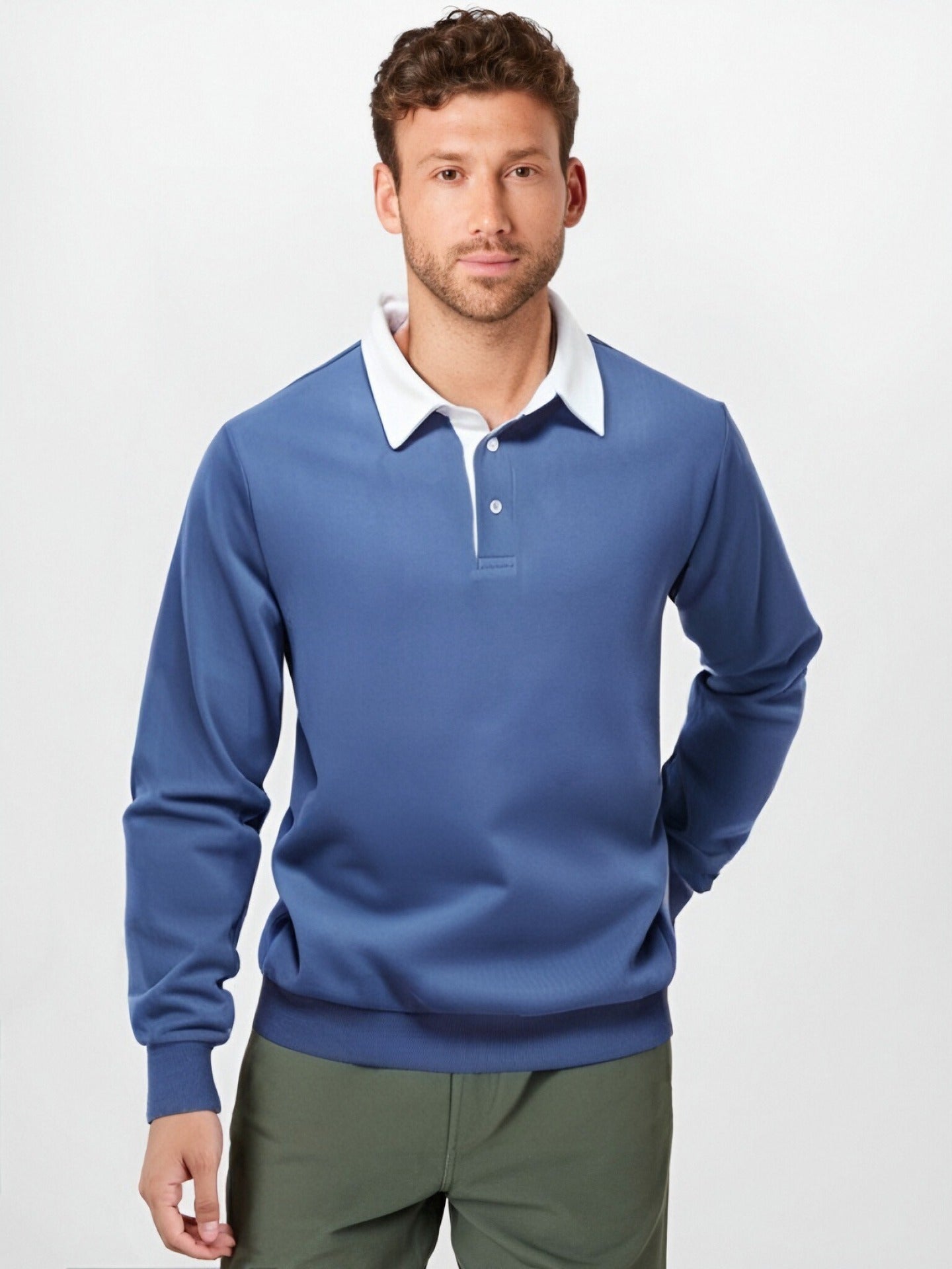 KZZ Men's Loose Fit Colorblock Collar Long Sleeve Polo Shirt