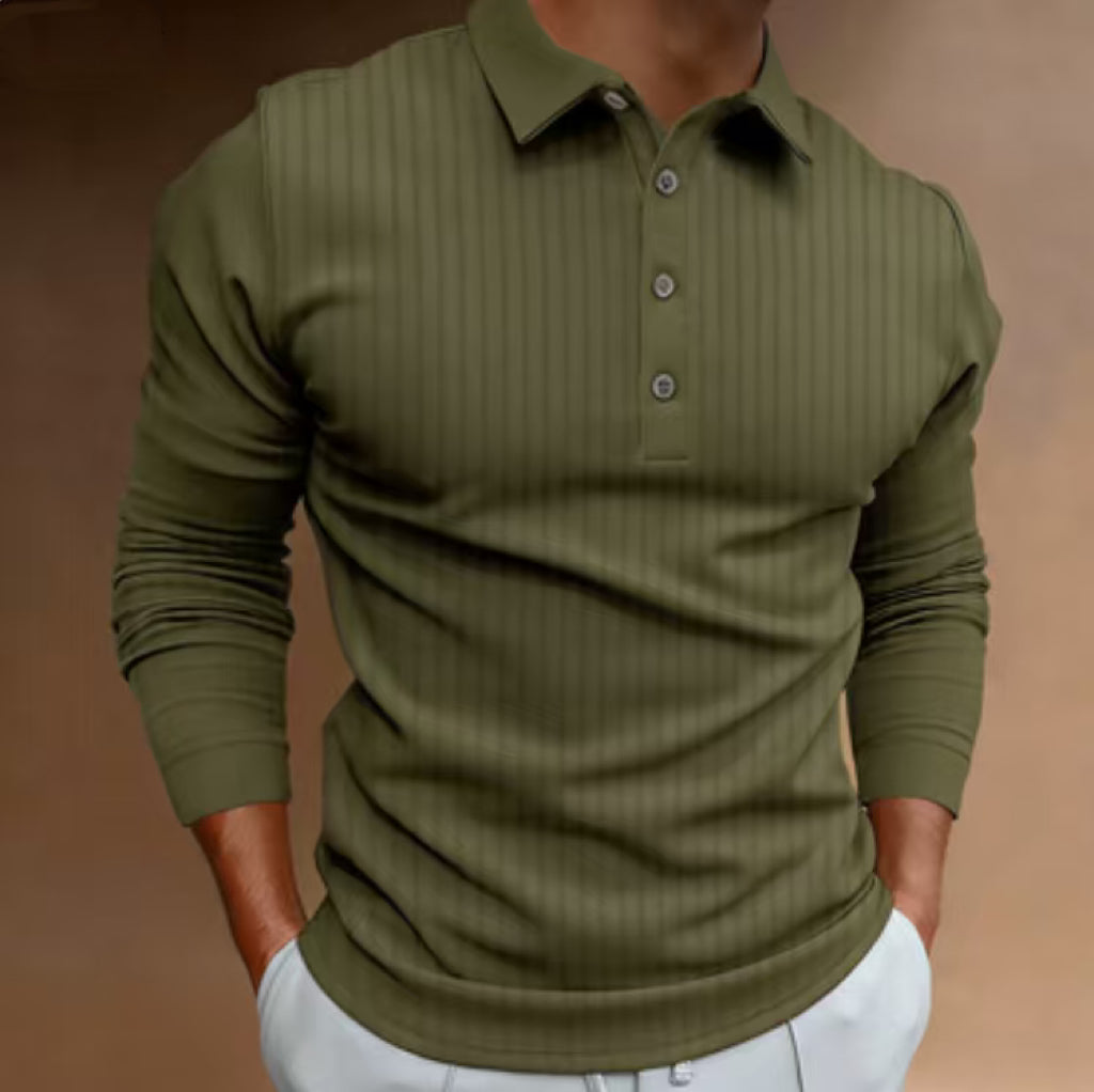 KZZ Men's Solid Color Button Polo Shirt, Regular Fit Casual Long Sleeve Top