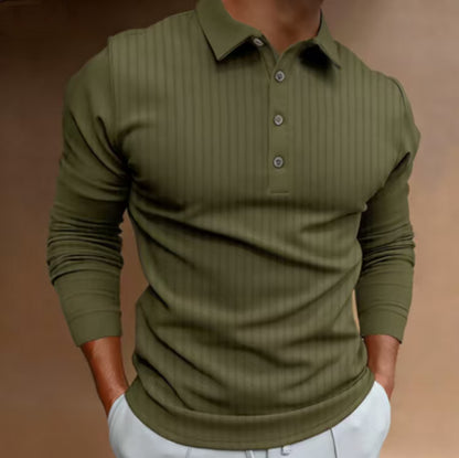 KZZ Men's Solid Color Button Polo Shirt, Regular Fit Casual Long Sleeve Top