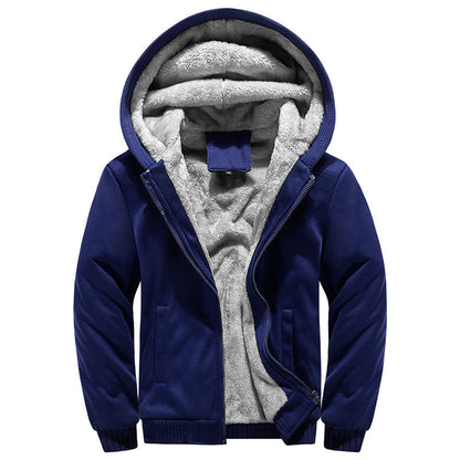 KZZ Thickened Fleece Solid Color Hooded Cardigan - Men's Winter Sweatshirt Jacket