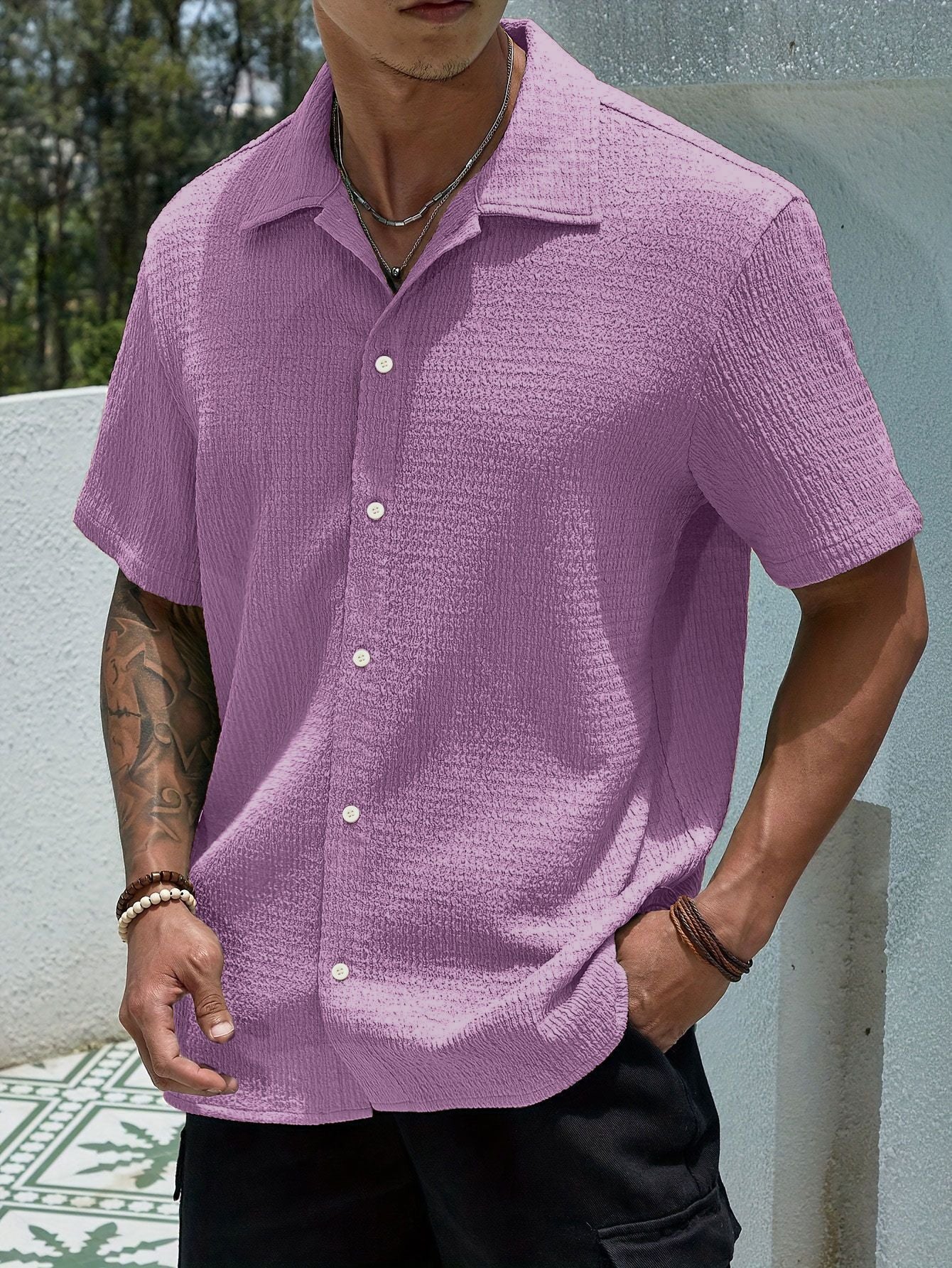 KZZ Men's Casual Button Down Textured Button Front Shirt