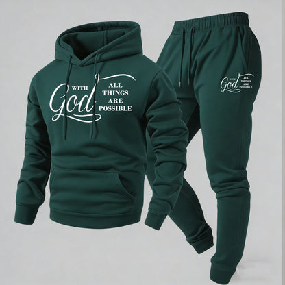 KZZ Men's Printed Hoodie and Drawstring Sweatpants Set