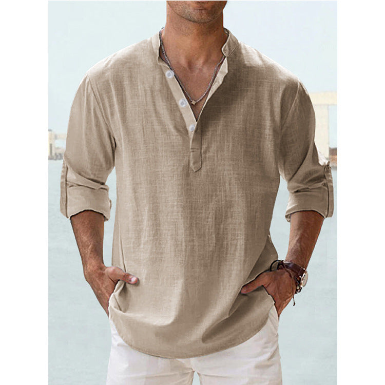 KZZ Men's Cotton Linen  Shirt Long Sleeve Hippie Casual Beach T Shirts Menswear