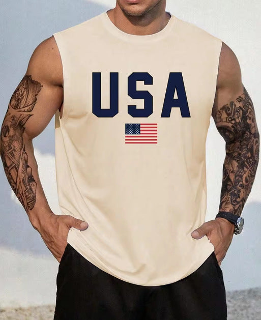 KZZ Men's Letter & Flag Print Round Neck Shirt
