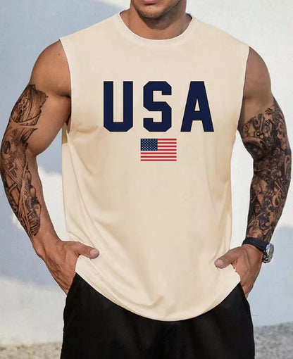 KZZ Men's Letter & Flag Print Round Neck Shirt