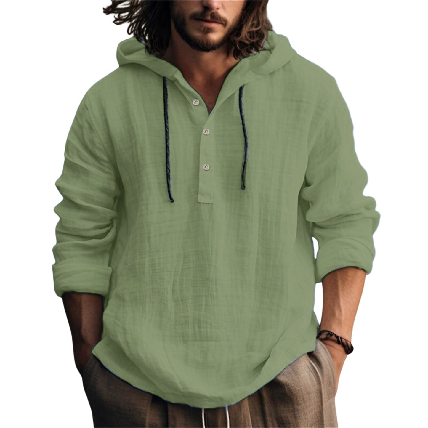KZZ Men's Casual Long Sleeve Hooded Linen Shirt