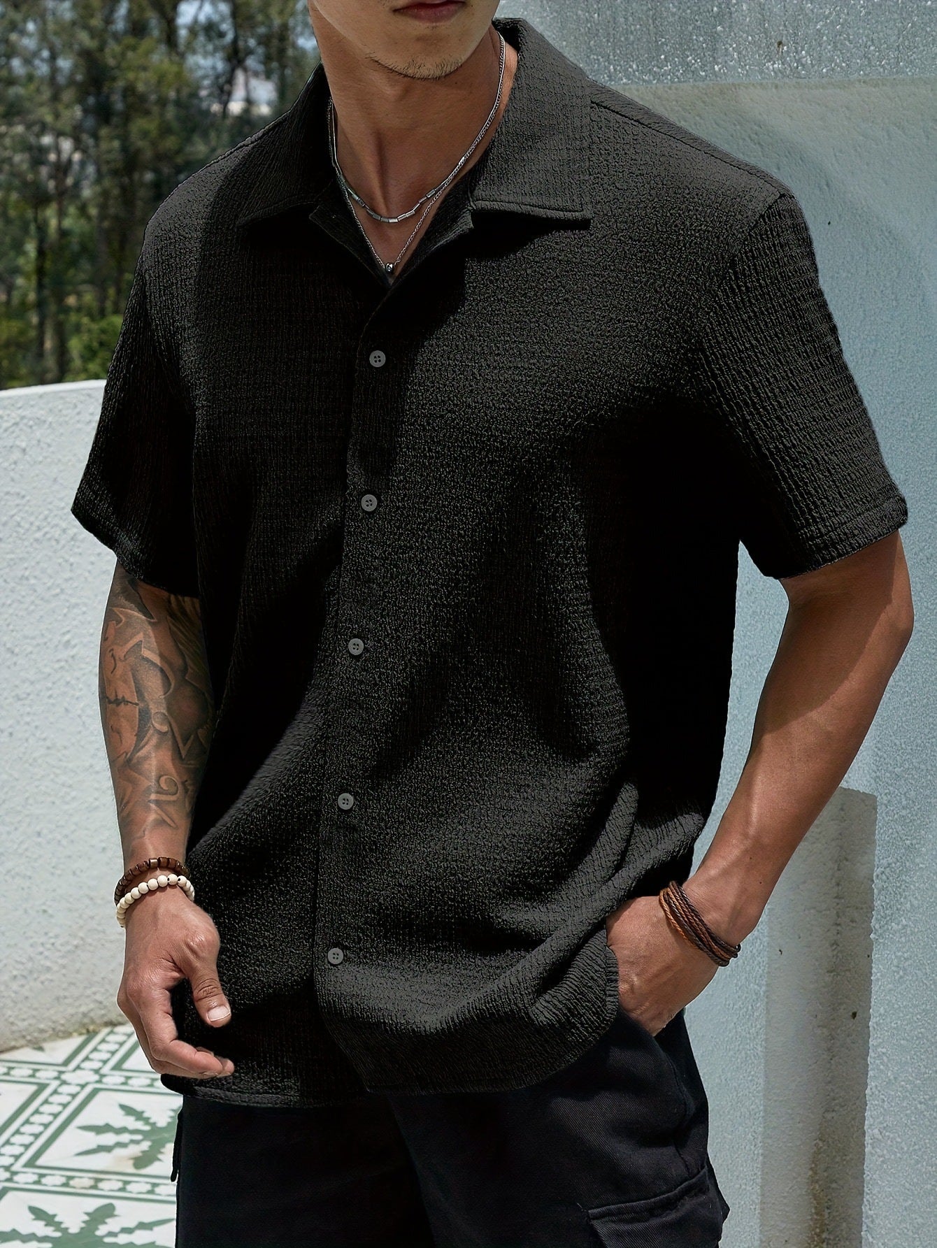 KZZ Men's Casual Button Down Textured Button Front Shirt