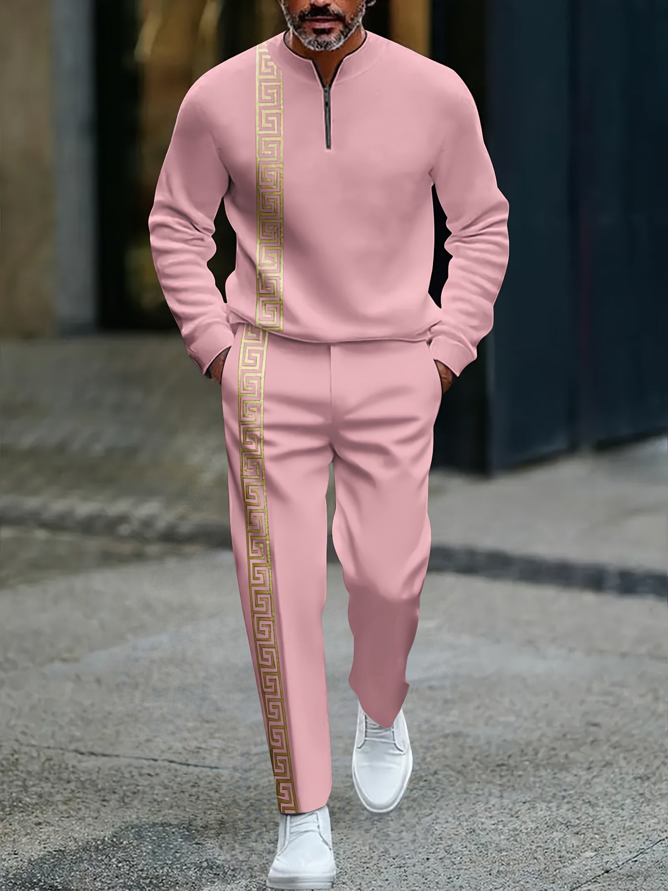 KZZ Men's fashion casual zipper stand up collar long sleeved pants set