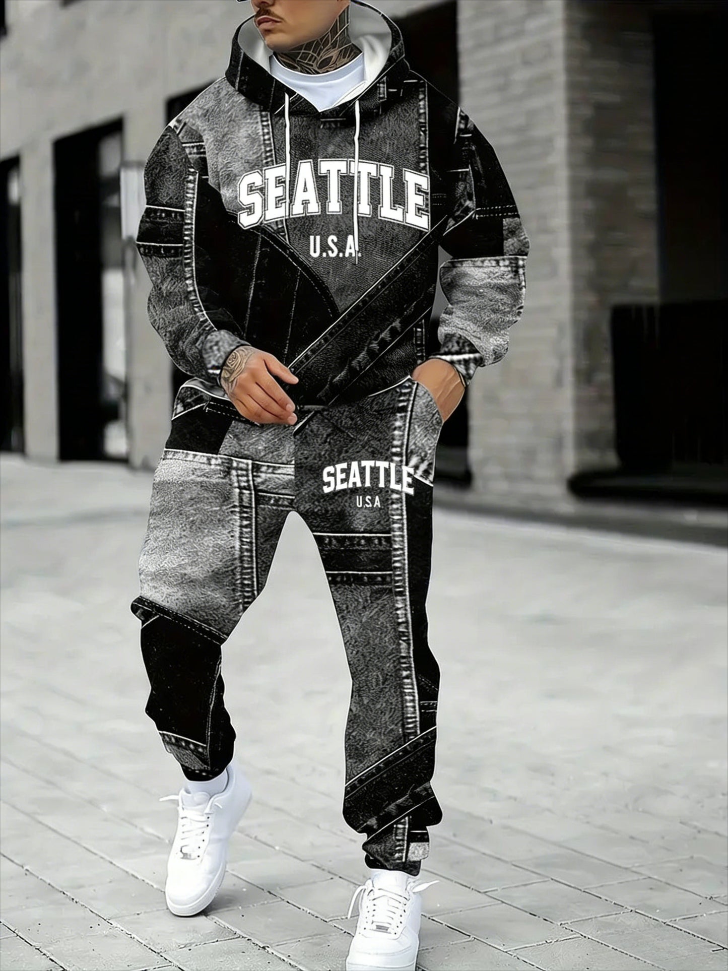 KZZ Men's Fall Winter Hooded Sweatshirt & Pants Set