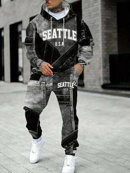 KZZ Men's Fall Winter Hooded Sweatshirt & Pants Set