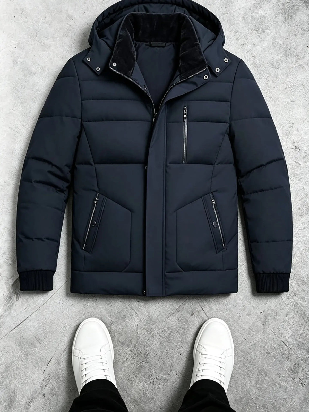 KZZ Men's mid-length hooded down jacket with simple design