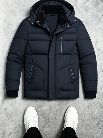 KZZ Men's mid-length hooded down jacket with simple design