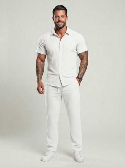 KZZ Men's Two-piece Suit Shirt and Elastic Waist Pants Set