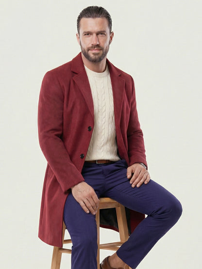 KZZ Men's Solid Button Front Lapel Neck Midi Coat Wear