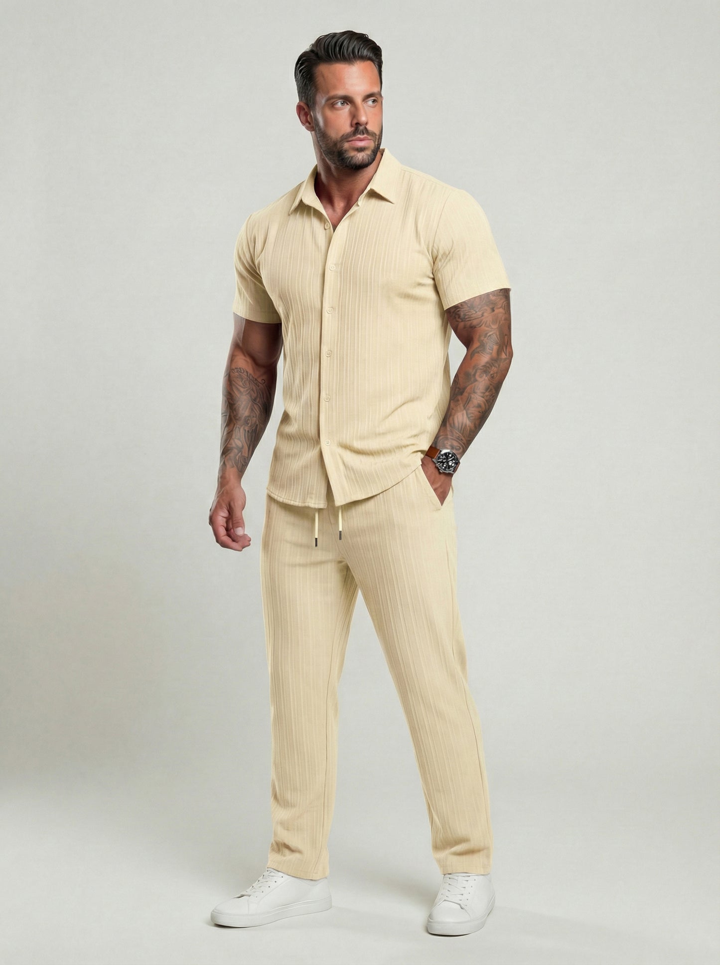 KZZ Men's Two-piece Suit Shirt and Elastic Waist Pants Set