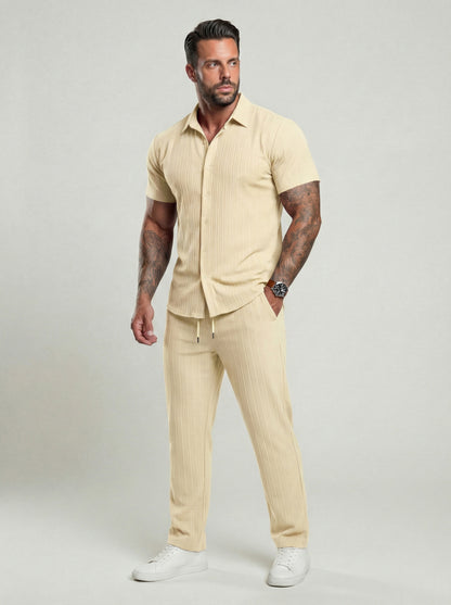 KZZ Men's Two-piece Suit Shirt and Elastic Waist Pants Set