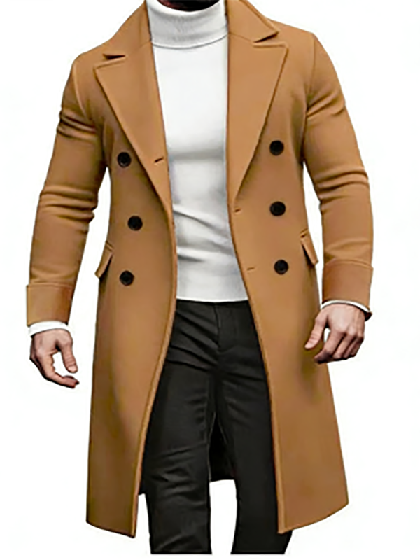KZZ Men's Notch Lapel Double Breasted Long Trench Coat