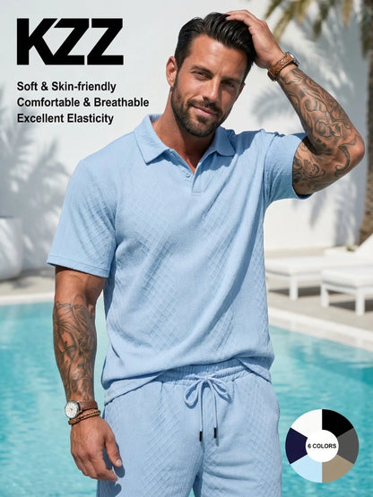 KZZ Men's Solid Polo Shirt & Drawstring Waist Shorts Set
