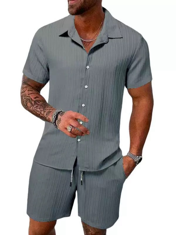 KZZ ultra-large size texture shirt and tie waist shorts summer set