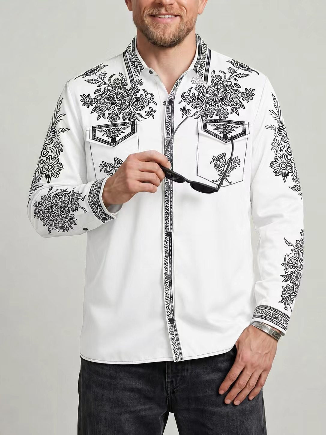KZZ Men's Vintage Western Long-Sleeve Shirt