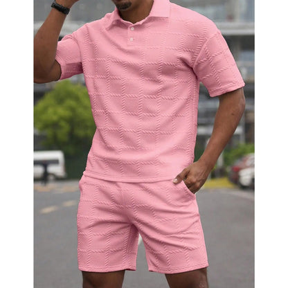 KZZ Men's Summer Solid-Color Stylish Casual Short-Sleeve Set