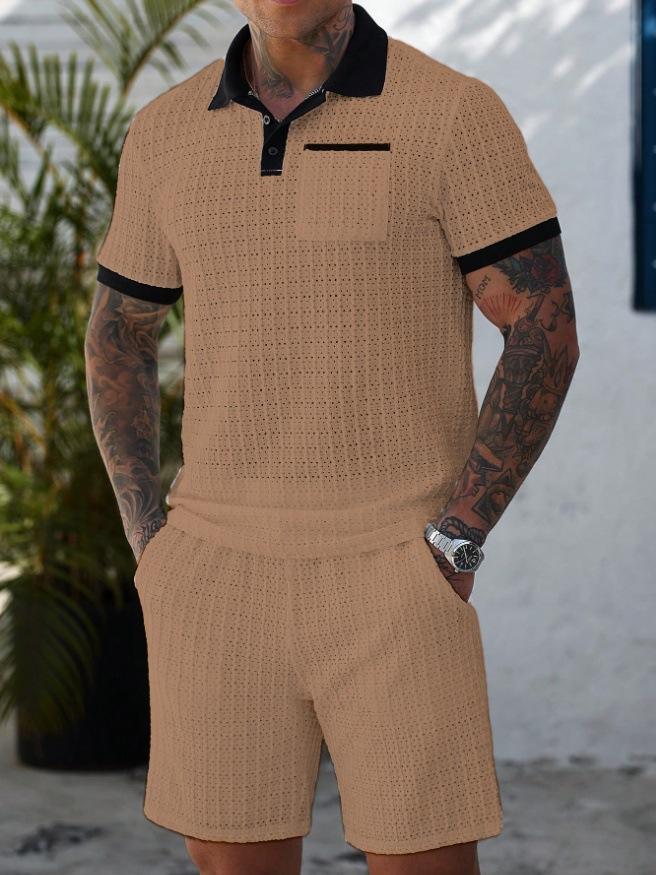 KZZ Men's Summer Cutout Color-block Short-Sleeve T-Shirt and Shorts