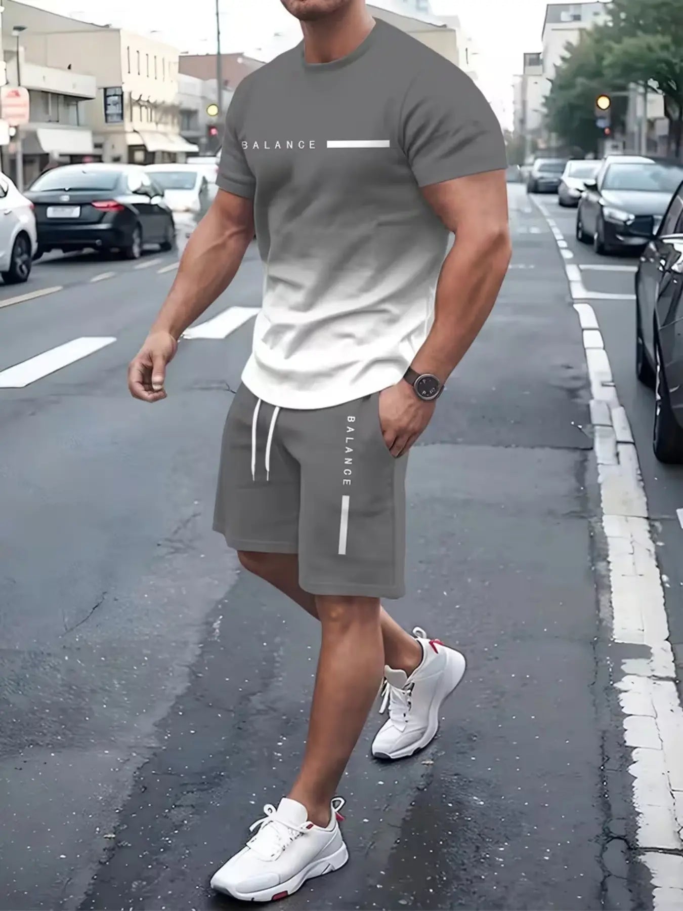 KZZ Men's Gradient Short-Sleeve Gym Set
