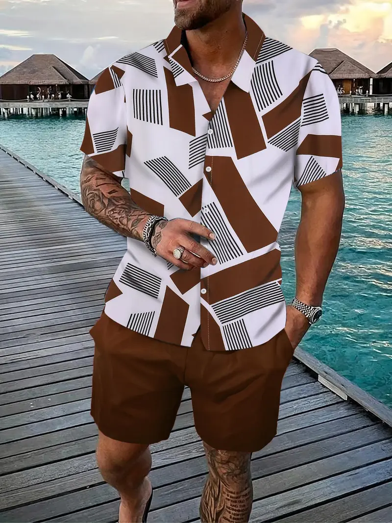 KZZ Men's Geometric Print Shirt & Shorts Two-piece Set