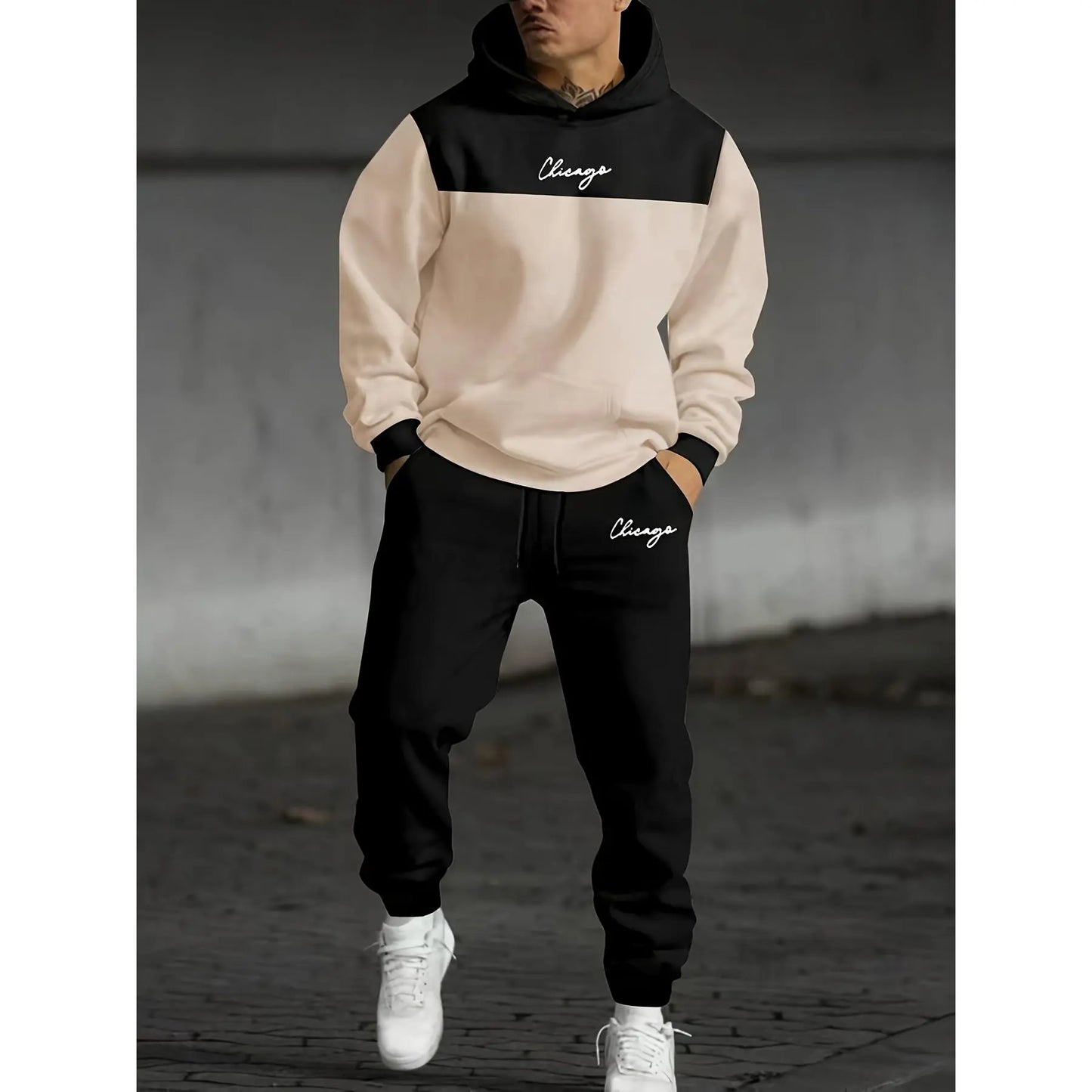 KZZ Men's Autumn-Winter Loose Letter Print Hooded Two-Piece Set