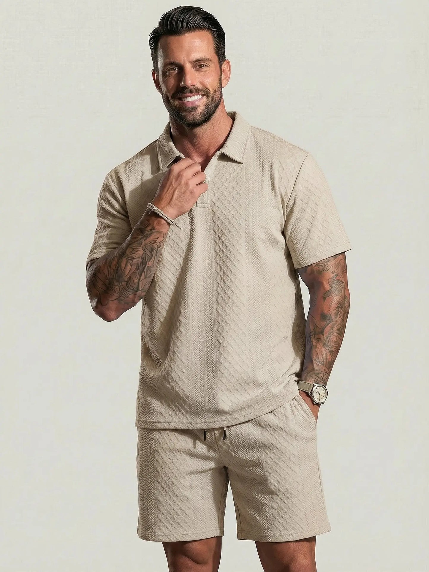 KZZ Men's Solid Polo Shirt & Drawstring Waist Shorts Set