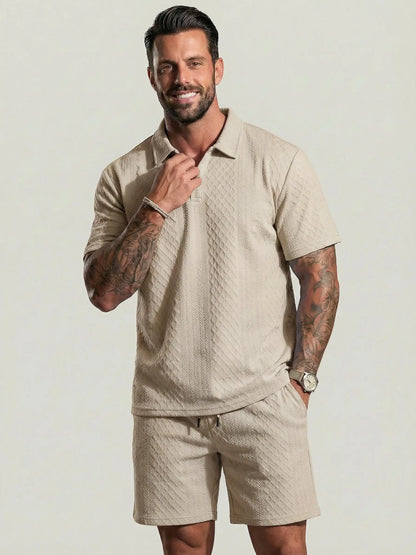 KZZ Men's Solid Polo Shirt & Drawstring Waist Shorts Set