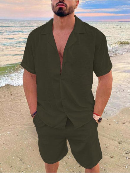 KZZ Men's Solid Color Shirt and Elastic Waist Shorts Set
