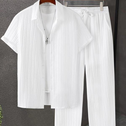 KZZ Men's Two-piece Suit Shirt and Elastic Waist Pants Set