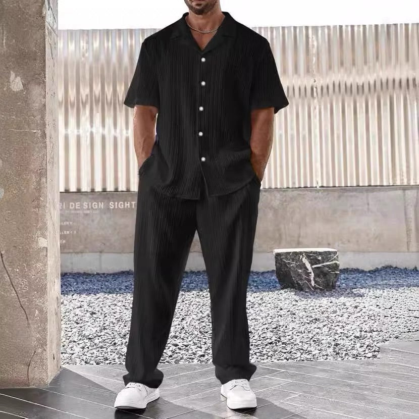 KZZ Men's Two-piece Suit Shirt and Elastic Waist Pants Set