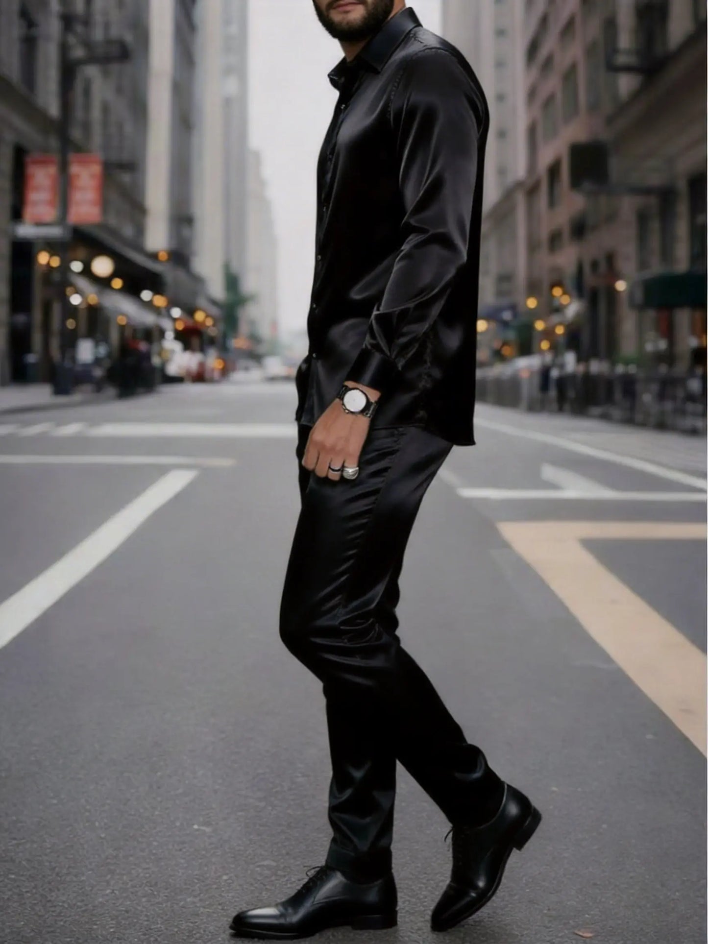 KZZ Men's Milk Silk Stand Collar Long Sleeve Button-Up Shirt Set
