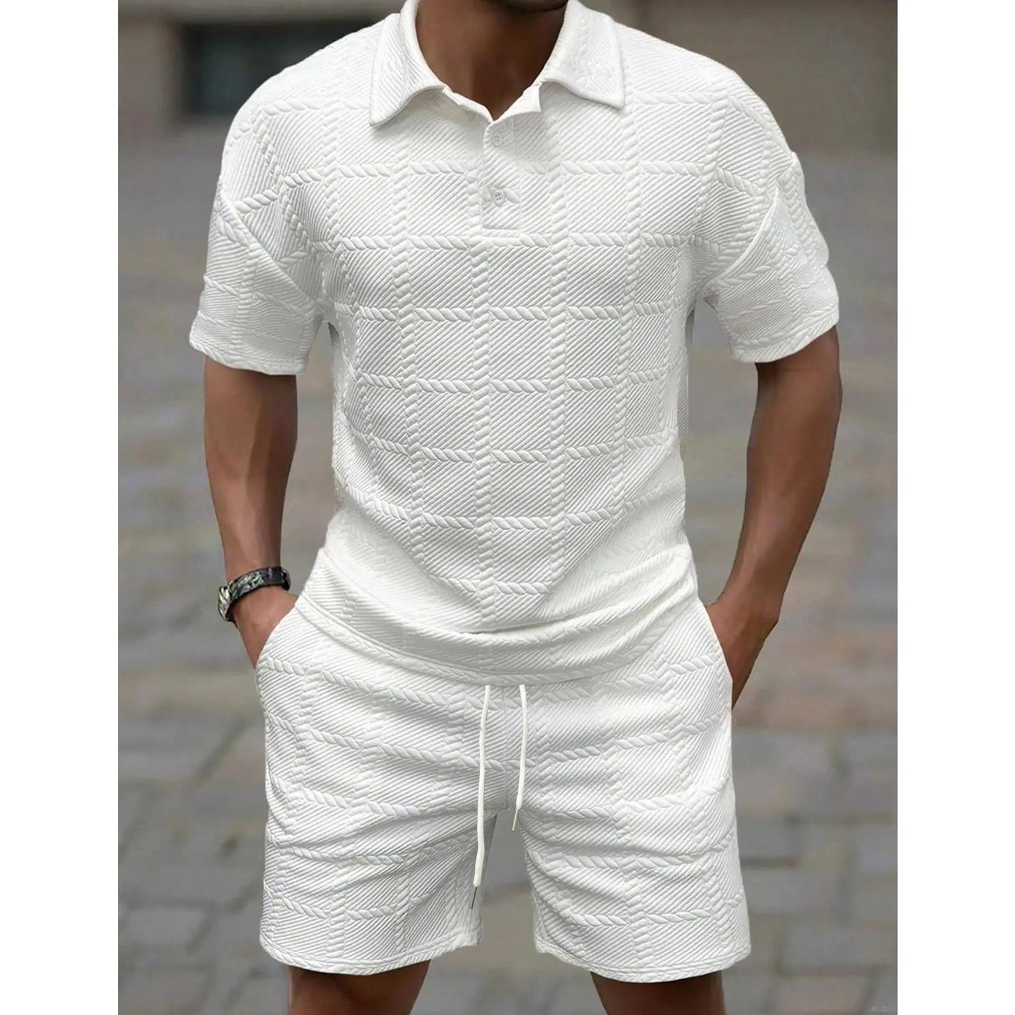 KZZ Men's Summer Solid-Color Stylish Casual Short-Sleeve Set